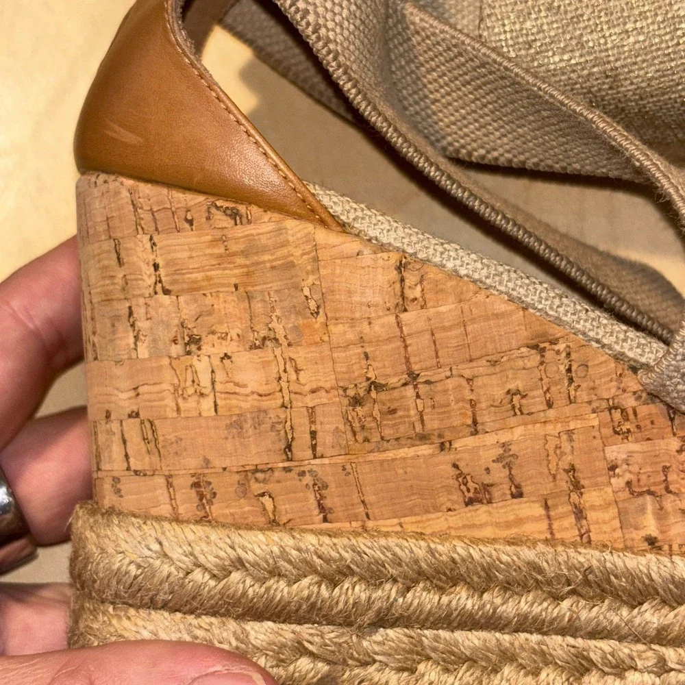 Tory Burch Natanya Espadrille Wedges Women Sz 7 Beige Linen Cork Sandal Spain